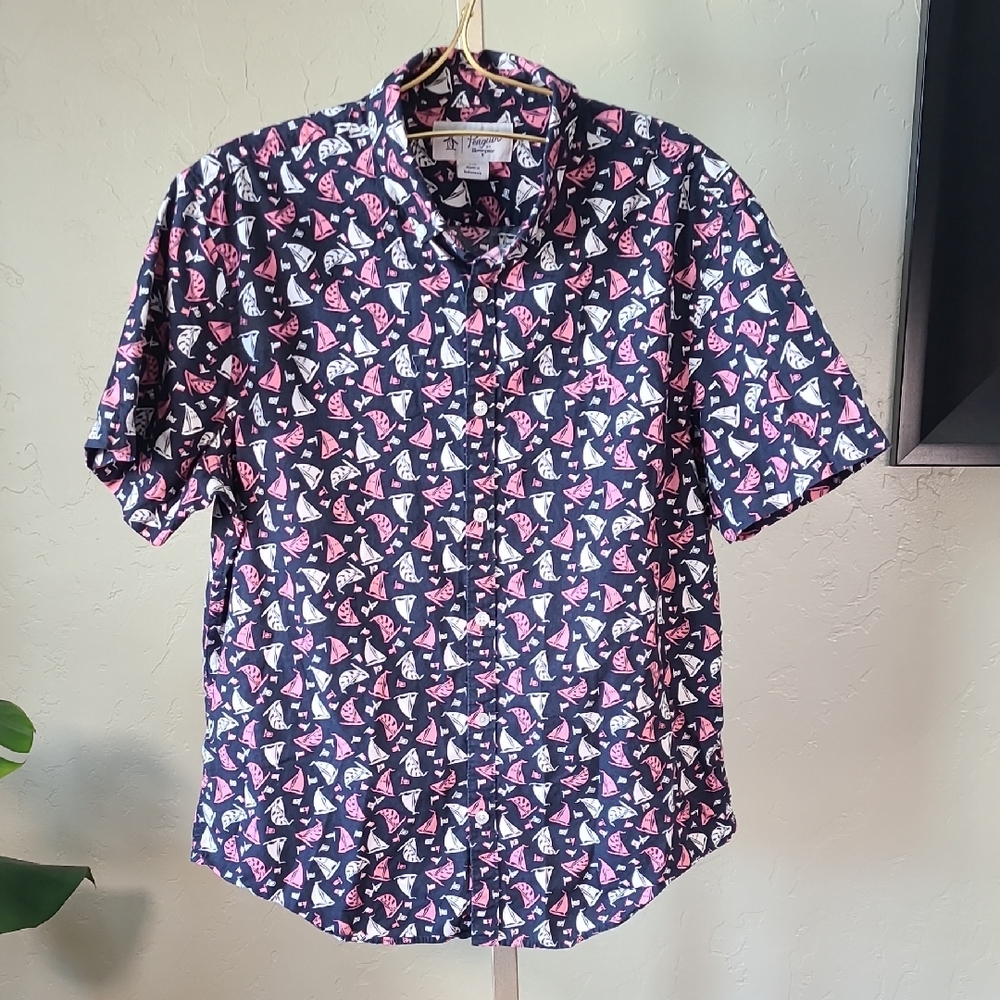 Original Penguin Pink and Blue Casual Button Down Shirt Ships Boats Size Large